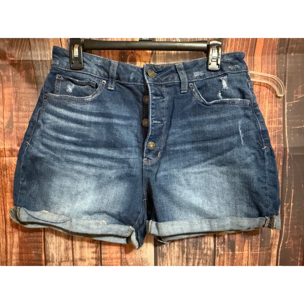 Time and Tru Womens High Rise Dark Wash Distressed Denim Shorts 12 Button Fly